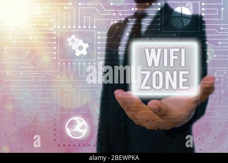 Conceptual hand writing showing Wifi Zone. Concept meaning provide wireless highspeed Internet and network connections Stock Photo