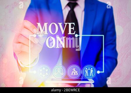 Handwriting text writing Move On. Conceptual photo to leave the place where you are staying and go somewhere else Stock Photo
