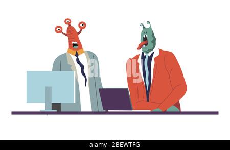 Space invaders at work, aliens at meeting in office Stock Vector