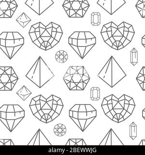 Brilliants and gem stones, crystals line art seamless pattern Stock Vector