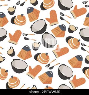 Kitchenware seamless pattern, saucepan with gloves and spatula Stock Vector