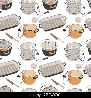 Kitchenware saucepans with lids, frying pan seamless pattern Stock Vector