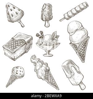 Dessert assortment, ice cream types monochrome sketch outline Stock Vector