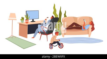 Family at home, kid riding bicycle busy parents Stock Vector