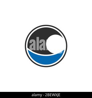 Ocean waves in a circle, Geometry blue wave and sailboat logo concept template, sea and ocean logo, vector flat icon. Stock Vector