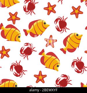 Aquatic creatures, fish and crab, seastar seamless pattern Stock Vector