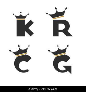 Set of letter with crown logo design, initial letter K, R, C, and G graphic icon and symbol, isolated on white background. Stock Vector
