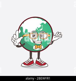 An illustration of planet Earth cartoon mascot character in geek style Stock Photo