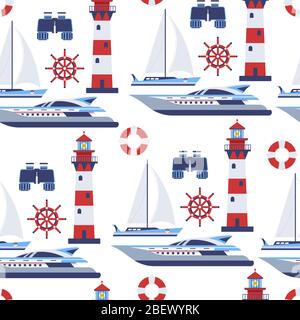 Water transport, sail vessels and beacon seamless pattern Stock Vector