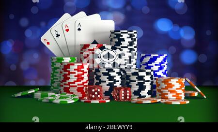 Casino poker chips and dices on green table. Stock Photo