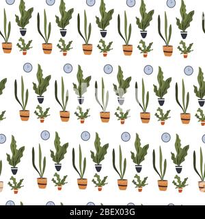 Flowers in pots, potted plants and clocks seamless pattern Stock Vector