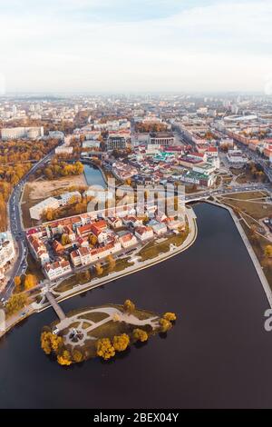 Vertical aerial panorama historical center of Minsk, Belarus. Autumn citiscape of Minsk from a drone Stock Photo