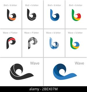 set of graphic logo vector template, bird letter logo, initial letter P B logo concept, wave vector illustrations. Stock Vector
