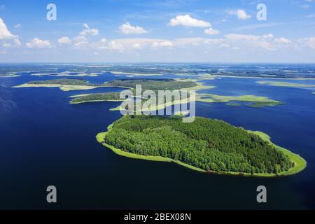 Beautiful aerial lake landscape. Braslaw lakes, Belarus.  Lots of lake islands covered with forest shot from a drone Stock Photo