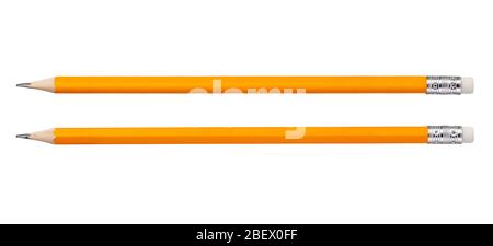 Yellow graphite wooden pencil with eraser isolated on white Stock Photo