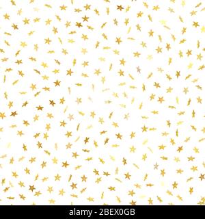 Seamless gold star confetti rain festive pattern effect. Golden volume stars falling down isolated on white background. EPS 10 Stock Vector