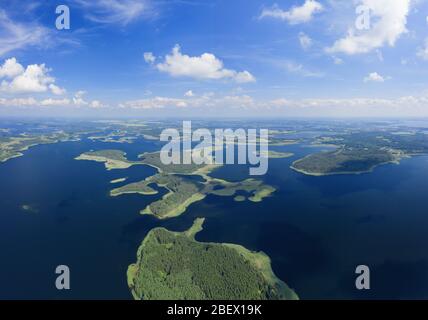 Beautiful aerial lake panorama. Braslaw national park in Belarus. Lots of lakes with islands and forest from above Stock Photo