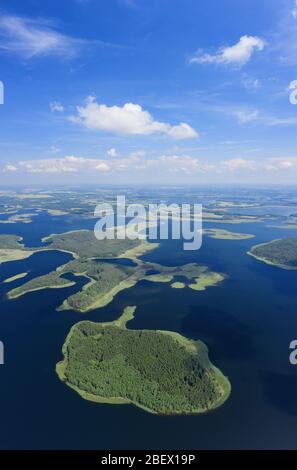 Braslaw lakes aerial vertical panorama. Beautiful aerial nature photograph. Huge lake with islands in summer Stock Photo