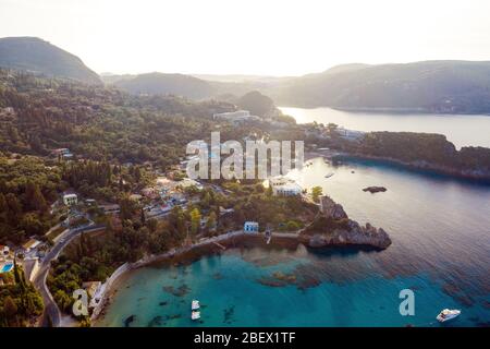 Sunrise aerial landscape of Greece island. Beauful Corfu nature shot in the morning. Paleokastritsa travel destination Stock Photo