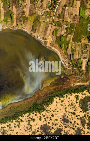 Aerial of salty lake Korission on Corfu island in Mediterranean. Flamingoes reserve in Greece. Stock Photo