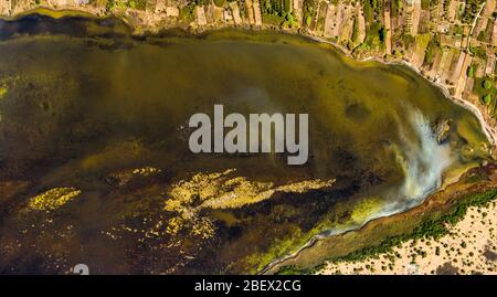 Aerial of flamingo reserve in mediterranean island Corfu. Pink flamingoes on Korission lake in Greece Stock Photo