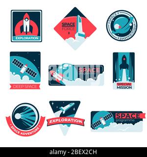 Space exploration, program and adventure, special mission labels Stock Vector