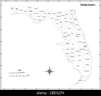 florida state outline administrative and political map in black and white in black and white Stock Vector
