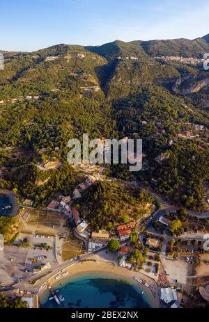 Aerial panorama of Paleokastritsa, Corfu island. Beautiful Greece nature landscape. Travel destination Stock Photo