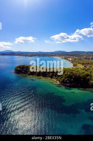 Aerial view on mediterranean resort in Greece. Dassia beach and lagoon. Sunny summer greek day Stock Photo