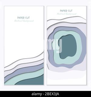 Abstract vertical vector banners in paper cut style with shadows and copy space for text. Paper art in trendy mint color layers, shape of waves. Realistic minmal layout template for stories, web site Stock Vector