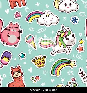 Cute Kawai Seamless Pattern on Blue Background Stock Vector