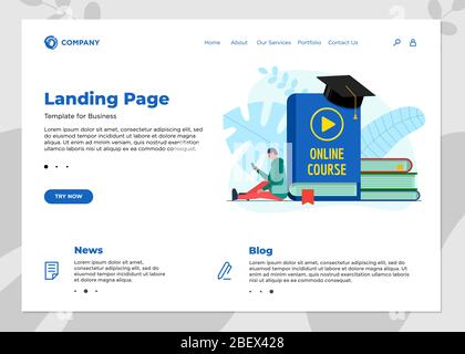 Online education course landing page template. E-learning web design mock up with student male and play video sign on cover book. Remote learning and internet studying knowledge webinar vector concept Stock Vector