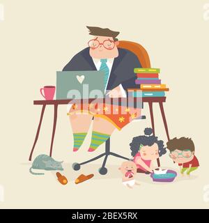 Businessman in a suit jacket and pajama bottoms working from home using laptop computer and his children playing on the floor Stock Vector