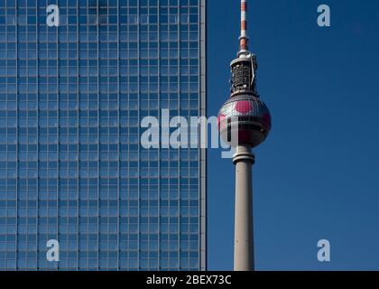 The television tower (known as the Fernsehturm in German) in Berlin decorated for the 2006 World Cup Stock Photo