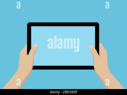 Cartoon illustration of hands holding a tablet with blank screen and space for your business text. Isolated on colored background - vector Stock Vector