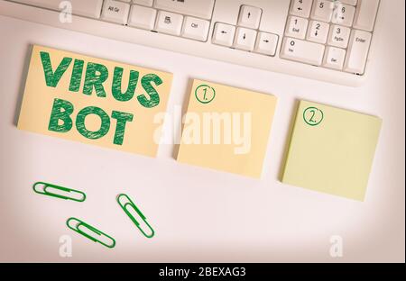 Handwriting text writing Virus Bot. Conceptual photo malicious selfpropagating malware designed to infect a host Flat lay above blank copy space stick Stock Photo
