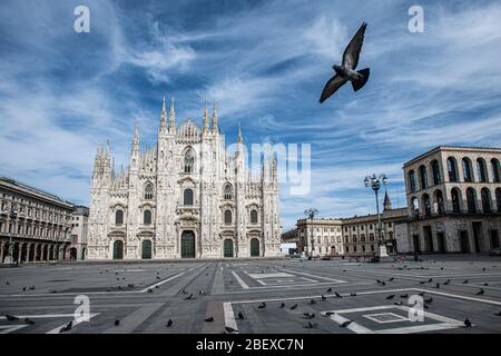 Andrea Bocelli rehearsal in a deserted Piazza Duomo in Milan, Italy on April 12, 2020 Stock Photo