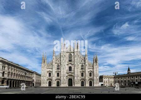 Andrea Bocelli rehearsal in a deserted Piazza Duomo in Milan, Italy on April 12, 2020 Stock Photo