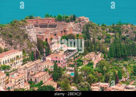 High angle view of the magnificent amphitheater in Taormina, a historical town in the Province of Messina, Sicily Stock Photo