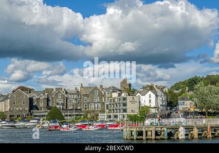 Bowness on Windermere on the Windermere shoreline. This is the HQ for the Windermere Lake Cruises and the Old England Hotel. Popular with tourists. Stock Photo