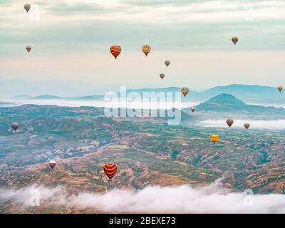 Hot Air Balloons over Cappadocia Desert Stock Photo