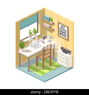 Isometric home office with furniture. Vector illustration with separate layers. Stock Vector