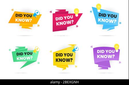 6 Big banner ribbons speech bubble with text did you know set label flat style design vector illustration isolated on white background. Interesting fa Stock Vector