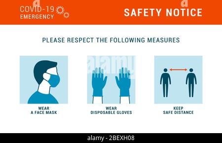 Coronavirus covid-19 safety measures: wear a face mask, wear disposable gloves and keep safe distance Stock Vector