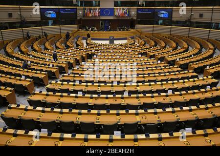 Brussels, Belgium. 16th Apr, 2020. General view of hemicycle during a one day plenary session of European Parliament . Credit: ALEXANDROS MICHAILIDIS/Alamy Live News Stock Photo