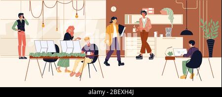 Men, women working in office. Colleagues speaking by phone, drinking coffee, carrying folder. Stock Vector