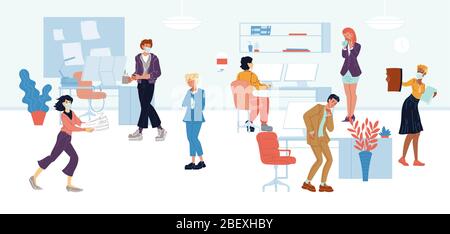 Workers, employees in medical masks sitting at computer desks, going, coughing, sneezing at office. Stock Vector