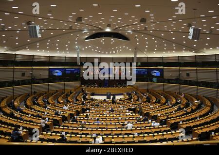 Brussels, Belgium. 16th Apr, 2020. General view of hemicycle during a one day plenary session of European Parliament . Credit: ALEXANDROS MICHAILIDIS/Alamy Live News Stock Photo