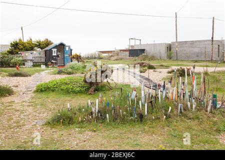 Paintbrush graveyard in Dungeness, Kent, United Kingdom on a gloomy overcast day Stock Photo