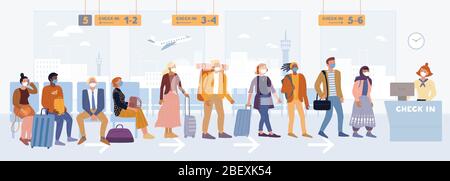 Multiethnic passengers in medical masks standing near registration desk, sitting in airport lounge. Stock Vector